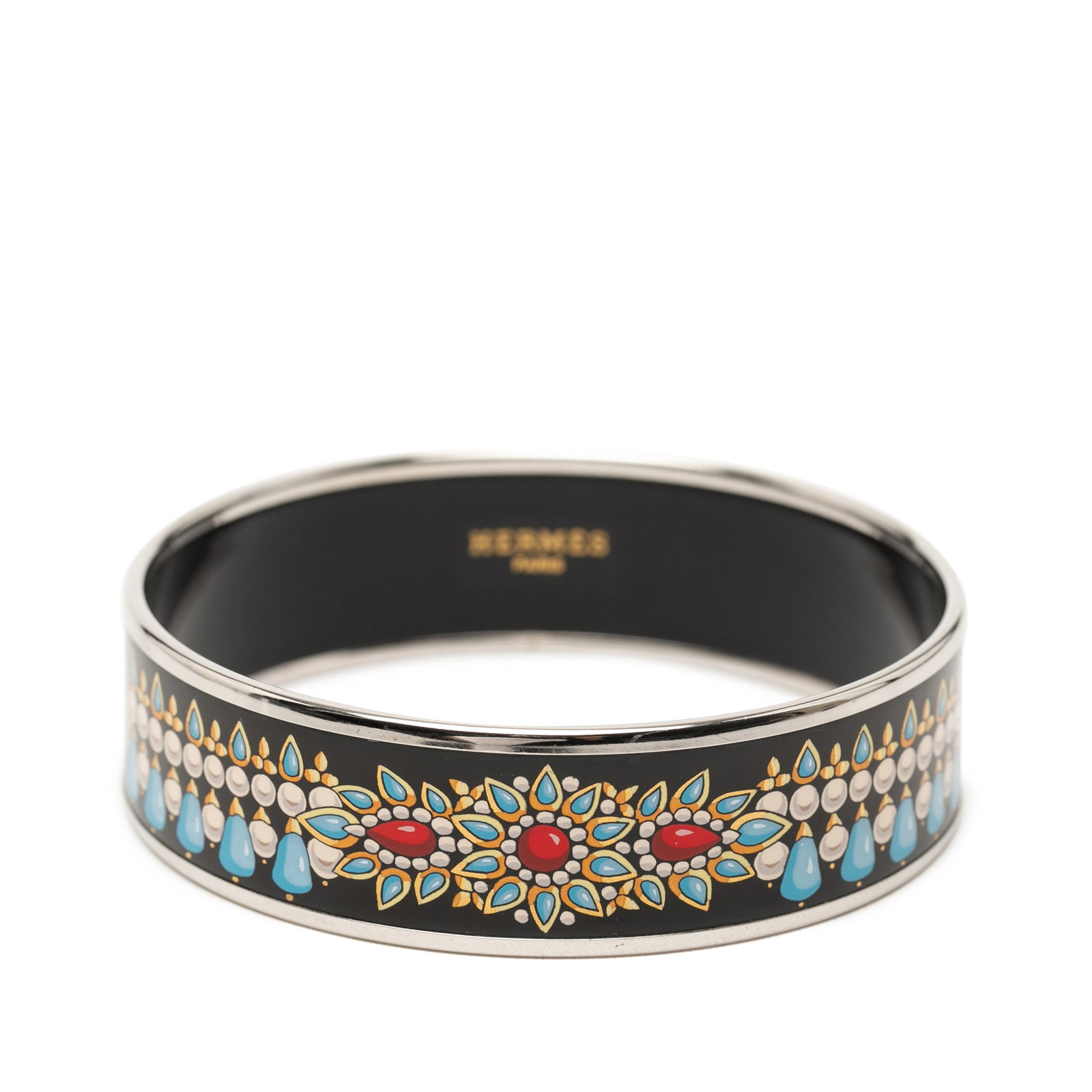 Hermes black enamel bangle wide 70 palladium plated: Hermes black enamel bangle wide 70 palladium plated This Hermes Wide Printed Enamel Bangle 70 showcases a striking printed enamel design accented with palladium plated metal. Crafted in Austria, this 