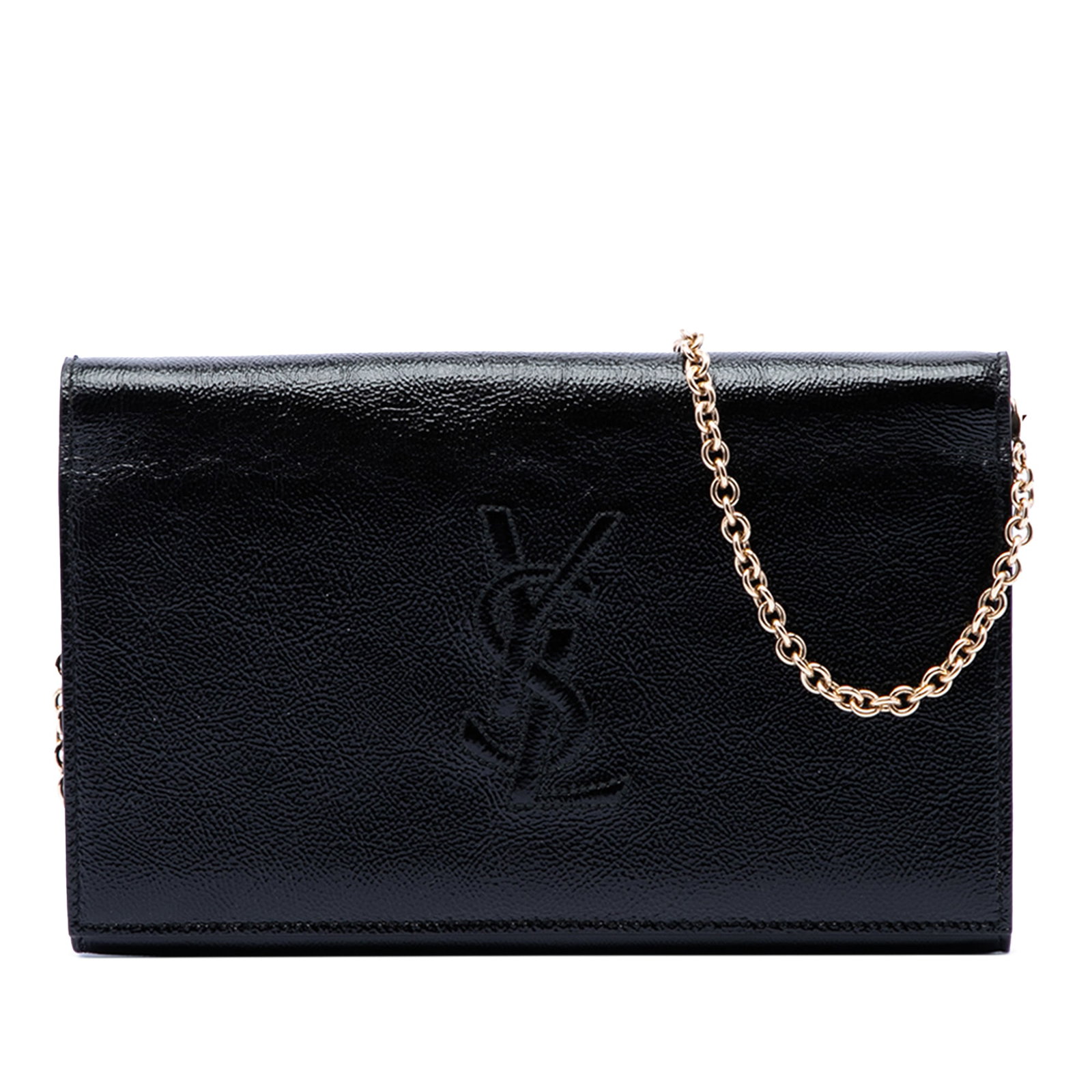 Saint Laurent Belle de Jour leather chain clutch bag: Saint Laurent Belle de Jour leather chain clutch bag This Saint Laurent Belle de Jour Chain Clutch is crafted from crinkled calfskin leather in black. It features a detachable chain link strap, a flap