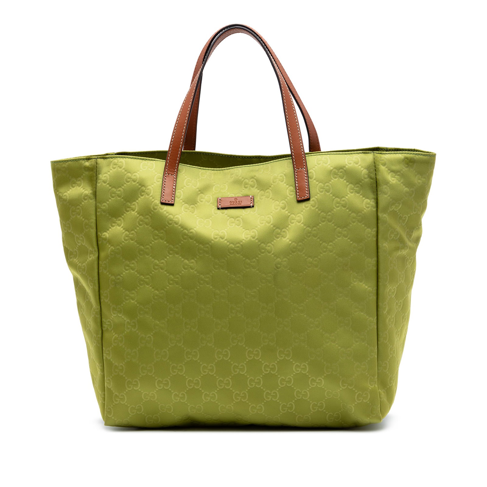 Gucci green nylon tote with leather straps: Gucci green nylon tote with leather straps This Gucci GG Nylon Tote features a green nylon body with flat leather straps and an open top design. The interior is equipped with both zip and slip pockets
