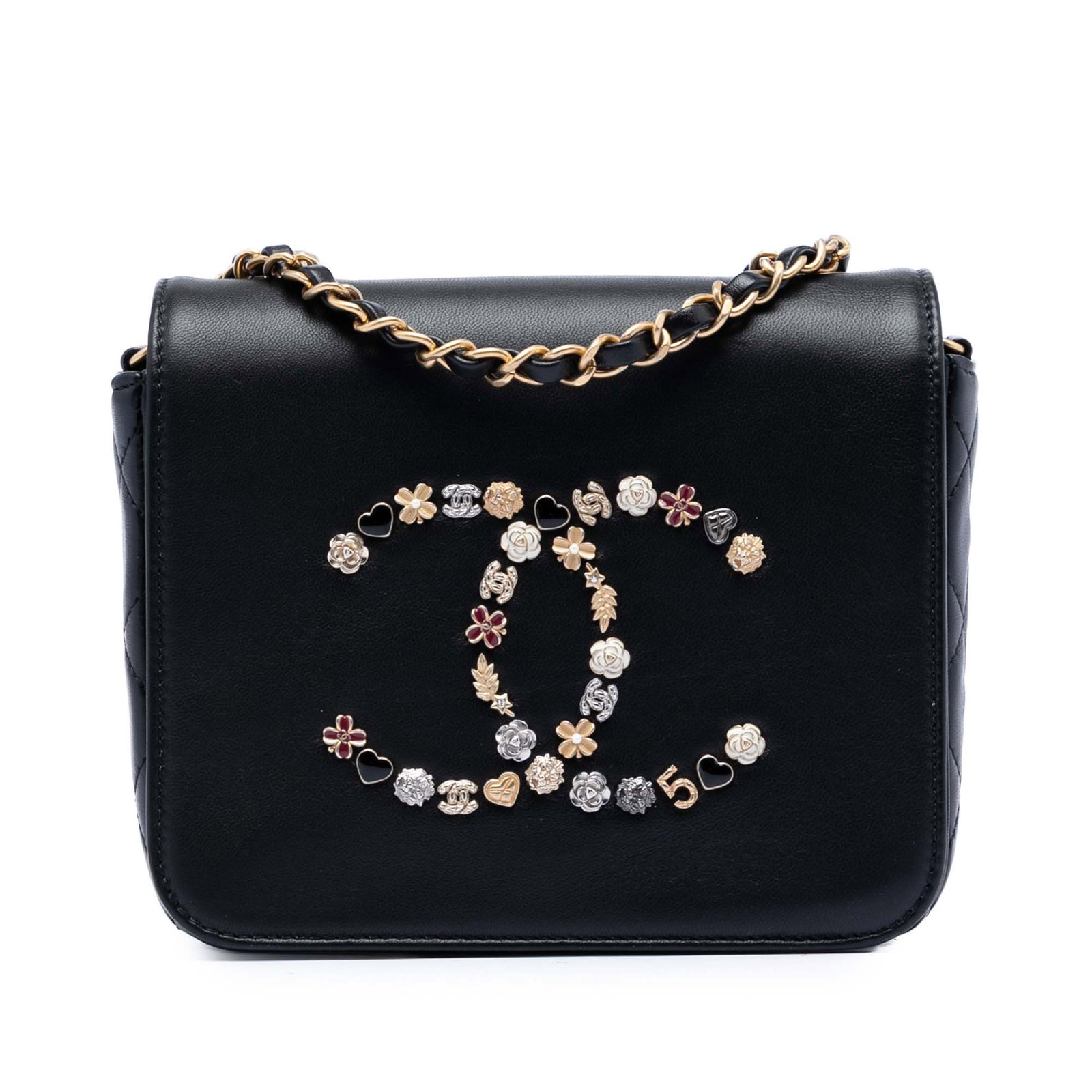 Chanel Lucky Charms lambskin crossbody bag: Chanel Lucky Charms lambskin crossbody bag This Chanel Lambskin Lucky Charms Flap Crossbody bag is crafted from black lambskin leather and embellished with studded charms. It features a leather-woven 