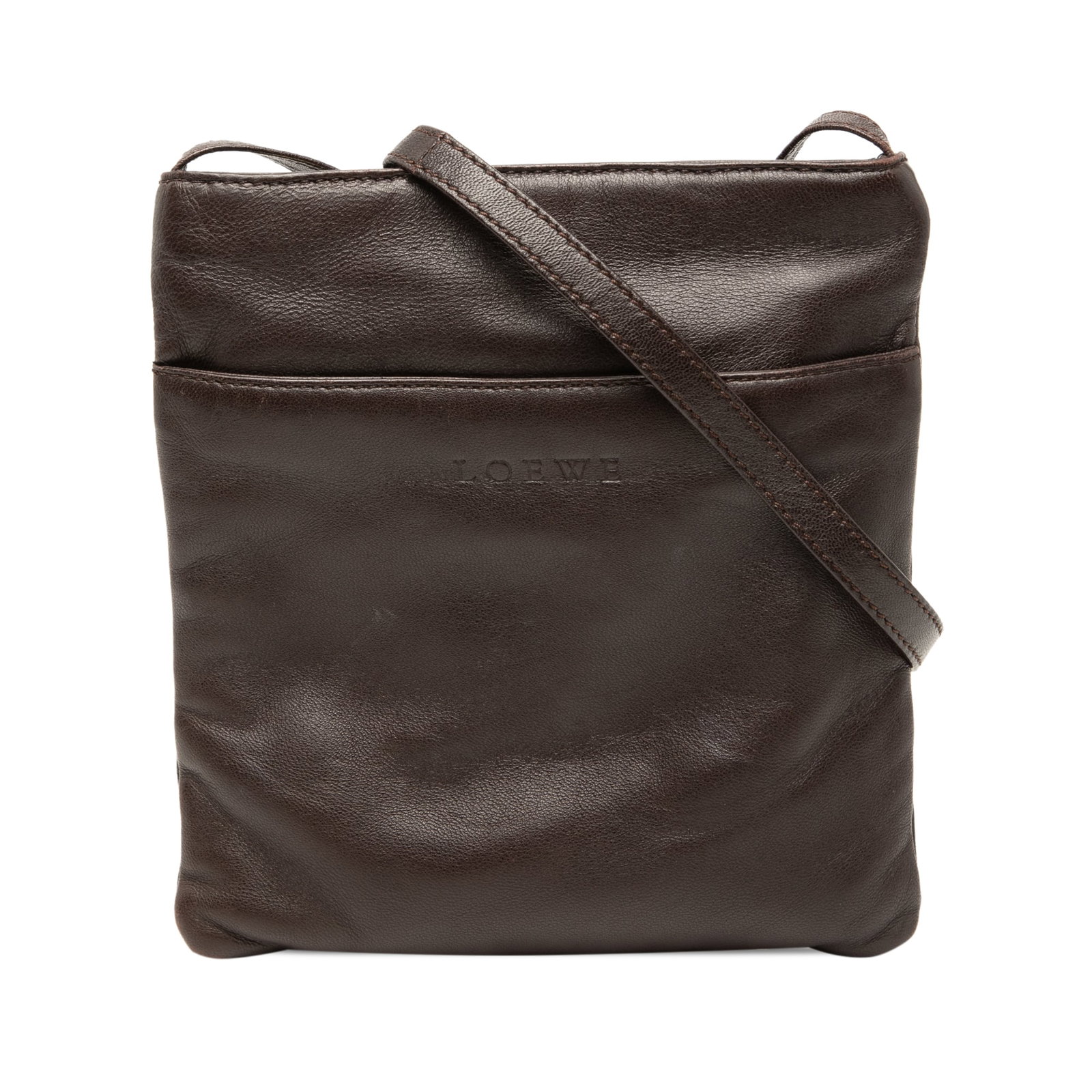 Loewe Brown Nappa Leather Crossbody Bag with Front Slip Pocket: Loewe Brown Nappa Leather Crossbody Bag with Front Slip Pocket This crossbody bag is crafted from supple nappa leather and features a flat leather strap, a top zip closure, and an exterior front slip 