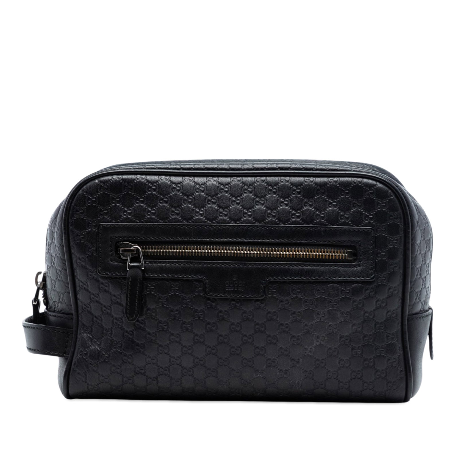 Black Gucci embossed leather zip clutch bag: Black Gucci embossed leather zip clutch bag This Gucci Microguccissima clutch features a black embossed leather body with a flat side strap handle. It is designed with a top zip closure, an exterior f