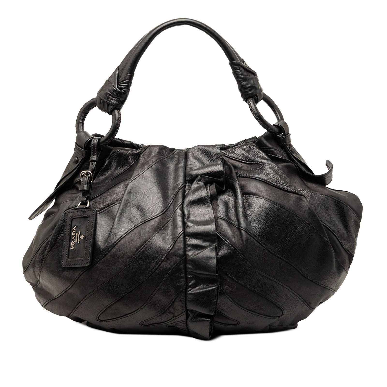 Prada black leather ruffle hobo bag Nappa Mordore: Prada black leather ruffle hobo bag Nappa Mordore This Prada Nappa Mordore Ruffle Hobo is crafted in black leather and features distinctive ruffle detailing, a rolled leather strap, and a top magnetic