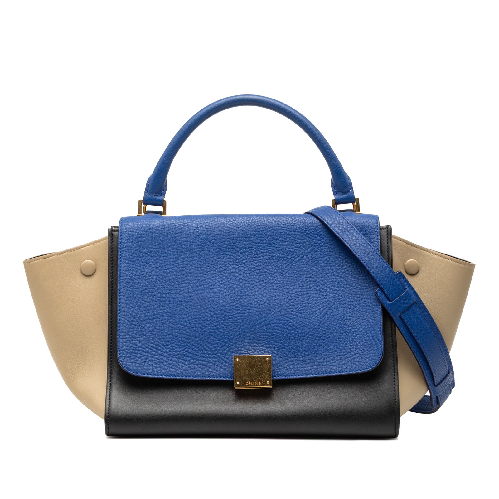 Celine Trapeze Small Satchel in Black Tricolor Leather with Strap: Celine Trapeze Small Satchel in Black Tricolor Leather with Strap This Celine Small Tricolor Leather Trapeze Satchel features a leather body, rolled top handle, detachable flat leather strap, front fl
