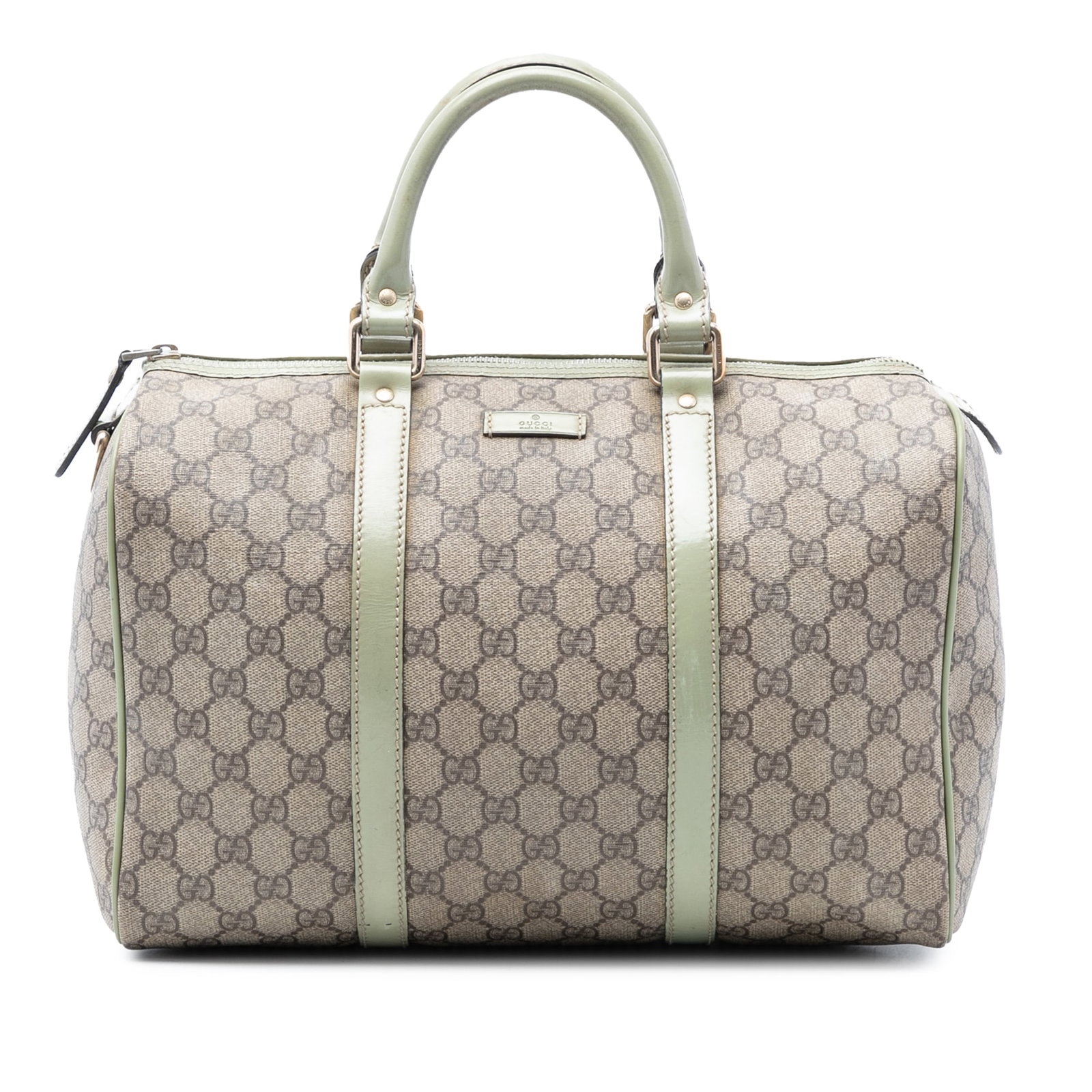 Gucci Joy Boston Medium GG Supreme Canvas Handbag with Leather Trim: Gucci Joy Boston Medium GG Supreme Canvas Handbag with Leather Trim This Gucci Medium GG Supreme Joy Boston Bag features a coated canvas body with leather trim, rolled leather handles, a top zip closu
