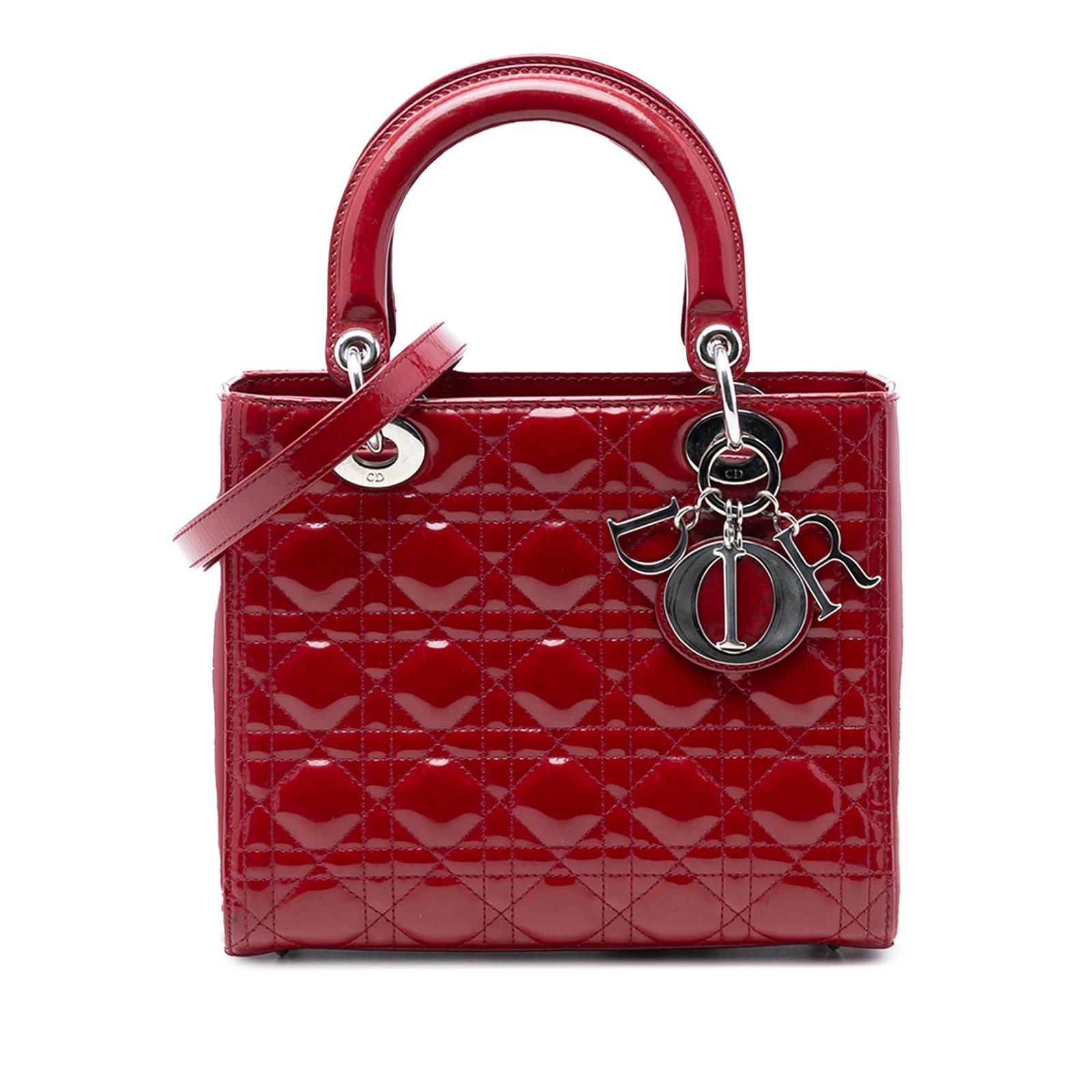 Dior Lady Dior Medium Red Patent Cannage Quilted Leather Handbag: Dior Lady Dior Medium Red Patent Cannage Quilted Leather Handbag This Medium Lady Dior bag features a quilted patent leather exterior in red, flat leather top handles, a detachable flat leather strap,