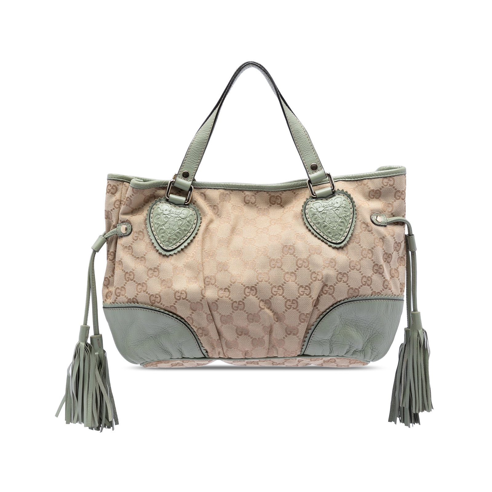 Gucci Tribeca Tote Small GG Canvas with Leather Trim and Tassel: Gucci Tribeca Tote Small GG Canvas with Leather Trim and Tassel The Gucci Small GG Canvas Tribeca Tote features a canvas body with leather trim and side tassel accents. It is designed with flat leathe