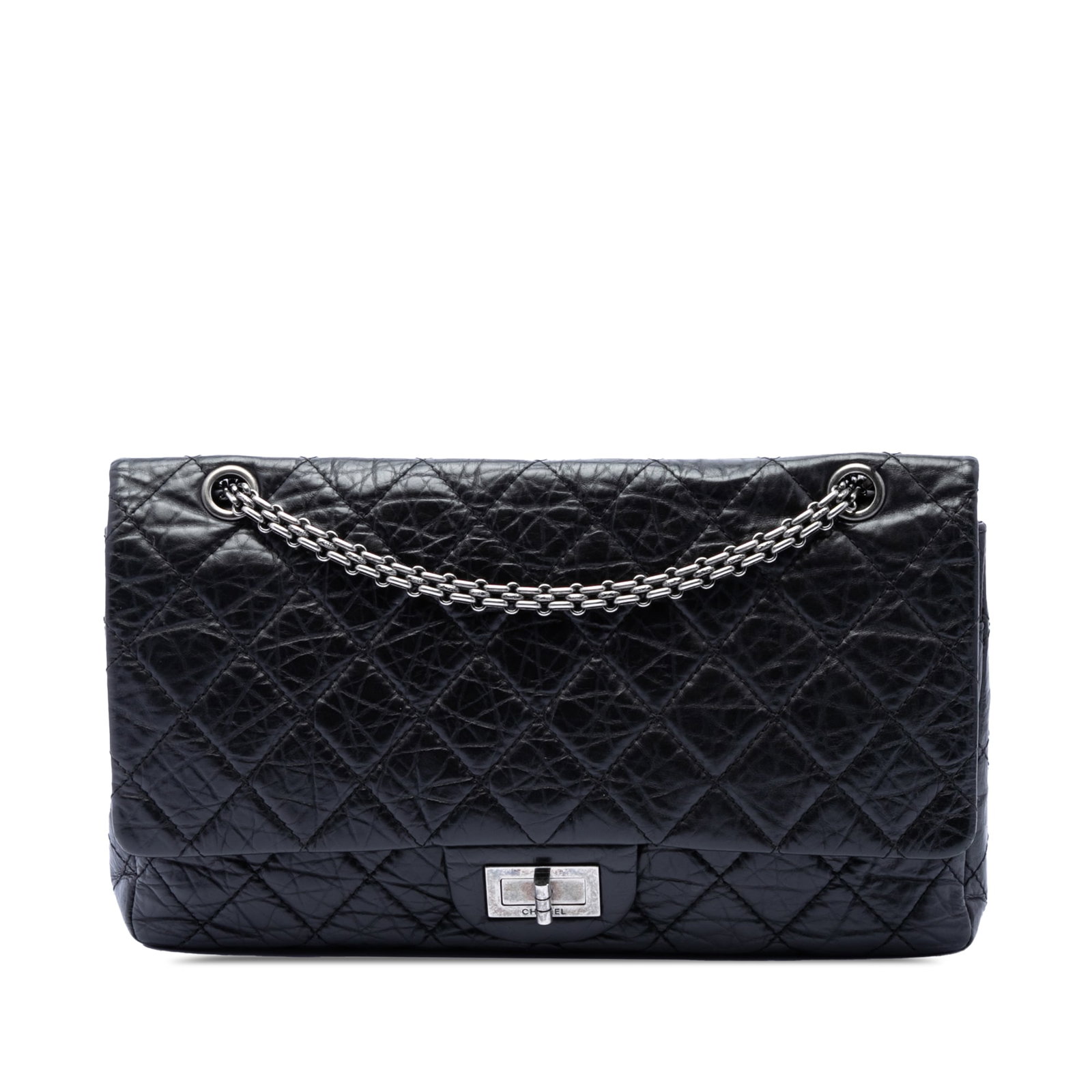 Chanel 2.55 Reissue Quilted Black Calfskin Shoulder Bag: Chanel 2.55 Reissue Quilted Black Calfskin Shoulder Bag This Chanel Quilted Aged Calfskin Reissue 2.55 Double Flap 227 shoulder bag is crafted from aged calfskin leather in black and features silver-t