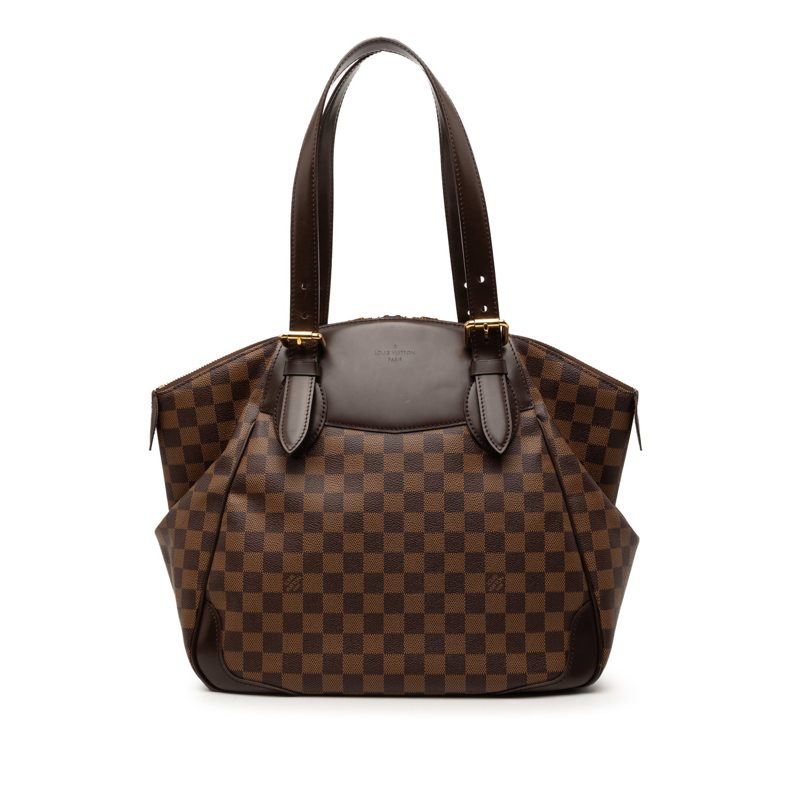 Louis Vuitton Verona MM Brown Damier Ebene Canvas Shoulder Bag: Louis Vuitton Verona MM Brown Damier Ebene Canvas Shoulder Bag The Louis Vuitton Damier Ebene Verona MM features a brown Damier Ebene canvas body with leather trim and flat leather straps. It is desig