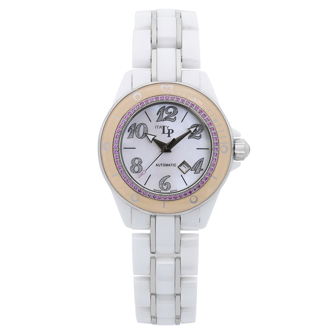 Lucien Piccard 36mm White Ceramic Diamond Dial Automatic Ladies Watch: Lucien Piccard 36mm White Ceramic Diamond Dial Automatic Ladies Watch This Lucien Piccard ladies wristwatch combines elegance with functionality, featuring a 36mm round ceramic case in a pristine whit