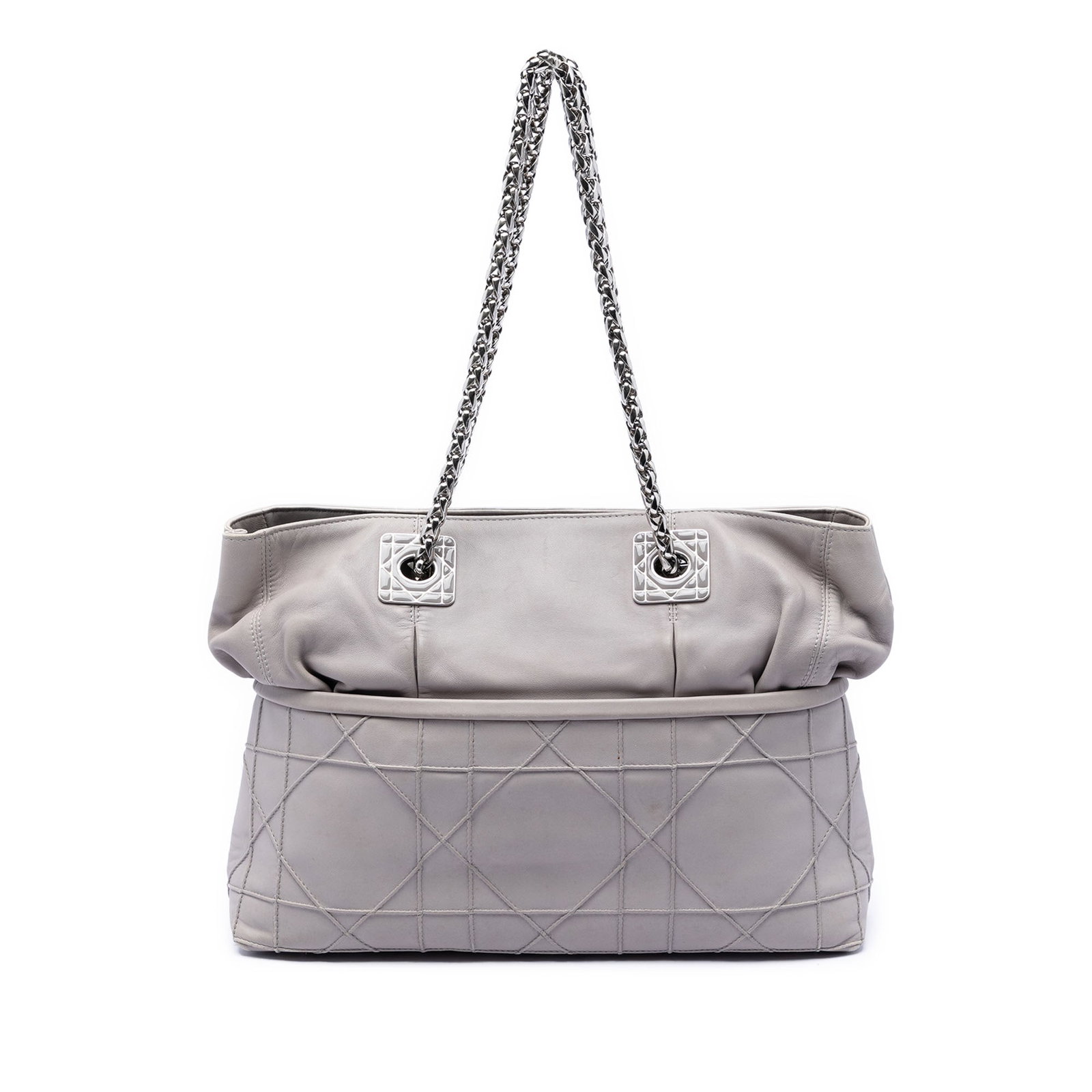 Dior Granville Cannage Lambskin Chain Tote Gray Leather: Dior Granville Cannage Lambskin Chain Tote Gray Leather This Dior Lambskin Cannage Granville Chain Tote features a quilted leather exterior in gray with chain link straps and an open top secured by a 