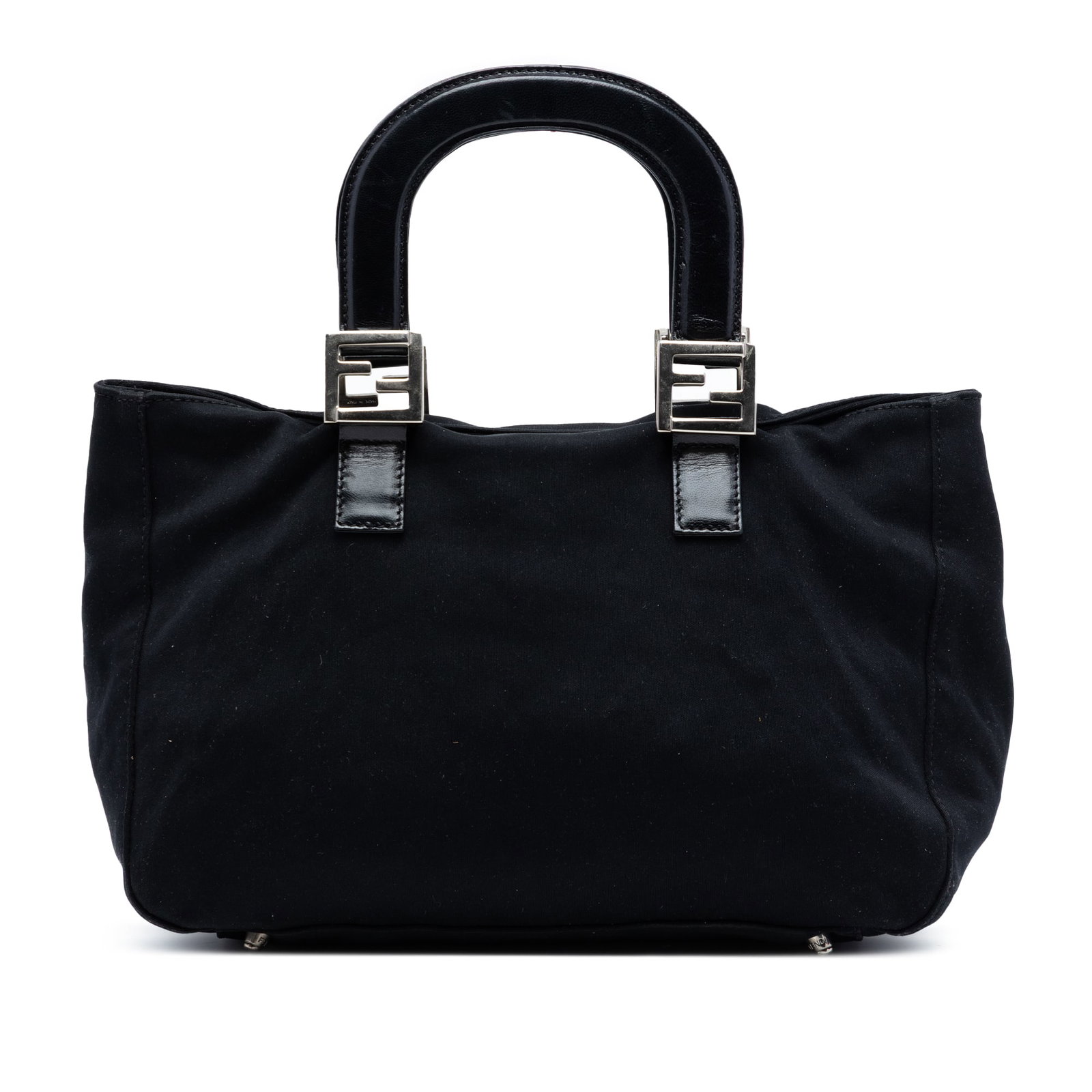 Fendi Jersey Black Fabric Tote with Leather Handles and Snap Closure: Fendi Jersey Black Fabric Tote with Leather Handles and Snap Closure This Fendi Jersey Handbag features a cotton body with flat leather handles. The bag is designed with an open top secured by a magne