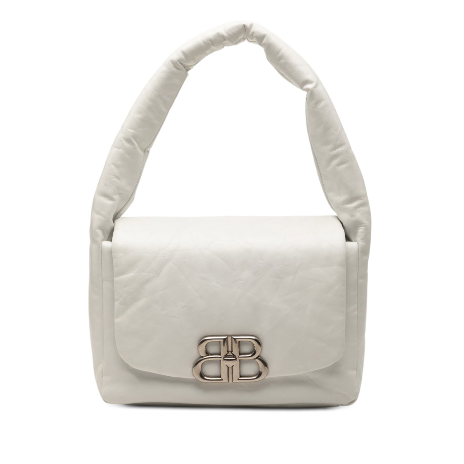 Balenciaga Monaco white leather sling bag: Balenciaga Monaco white leather sling bag This Balenciaga Small Calfskin Monaco Sling Shoulder Bag is crafted from white leather and features a flat strap, a top flap with a twist lock closure, and in