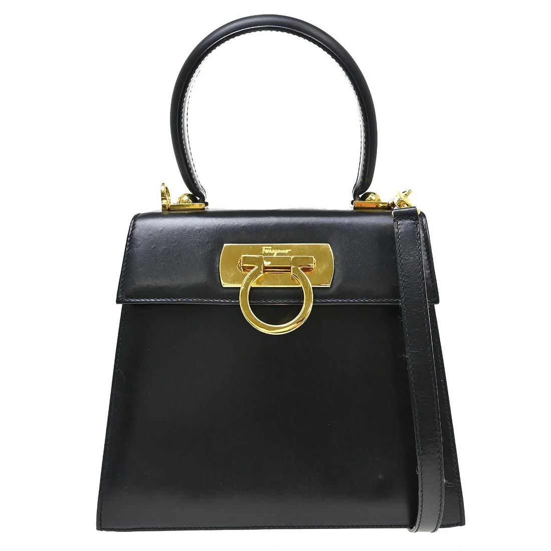 Salvatore Ferragamo Gancini leather top handle bag black 2way: Salvatore Ferragamo Gancini leather top handle bag black 2way This Salvatore Ferragamo Gancini 2-way handbag features a classic top handle design in black leather with matching black leather handles a