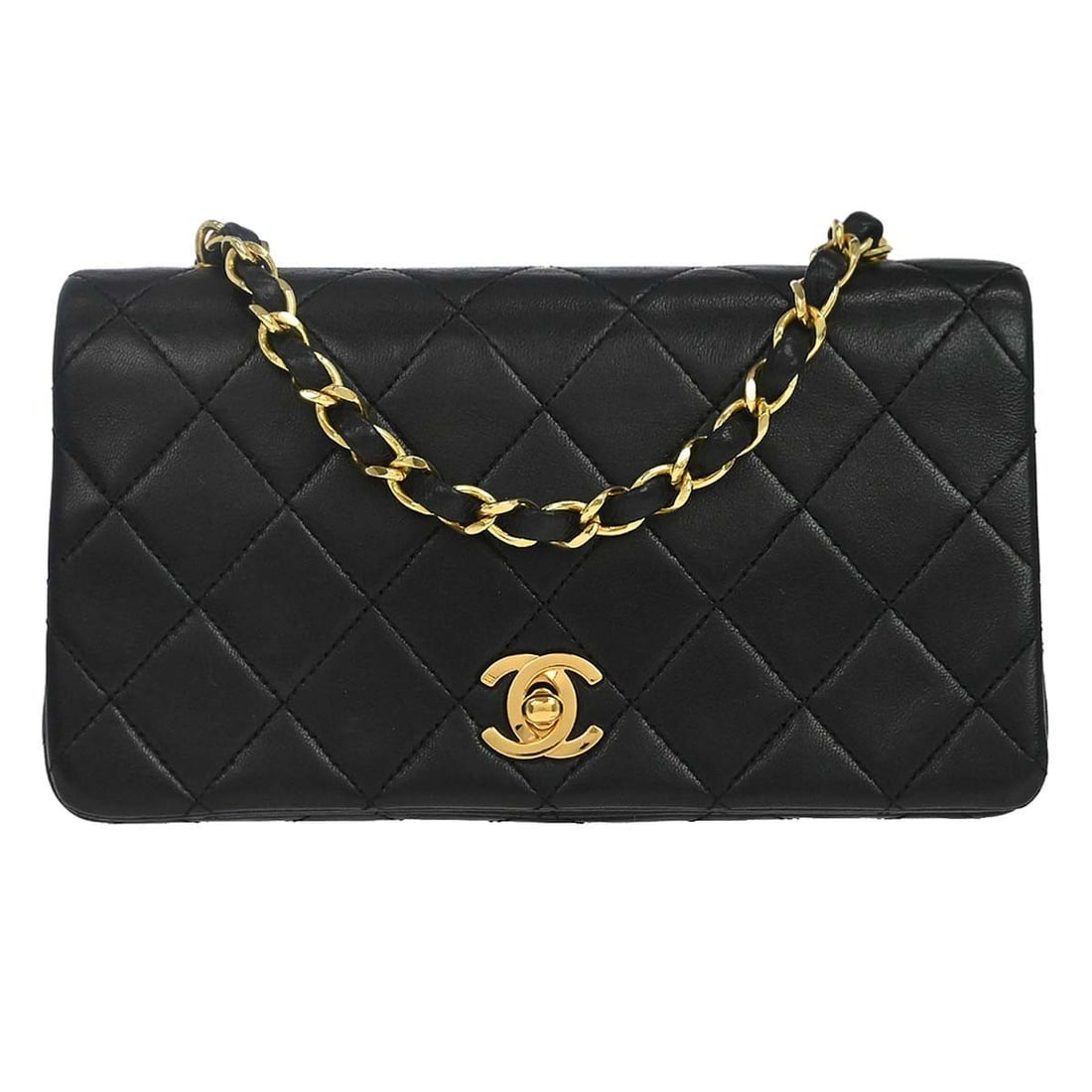 Chanel Matelasse Black Lambskin Crossbody Bag Full Flap Turn Lock: Chanel Matelasse Black Lambskin Crossbody Bag Full Flap Turn Lock This Chanel Mini Full Flap Shoulder Bag features luxurious black lambskin leather with a signature quilted matelasse pattern. The bag 