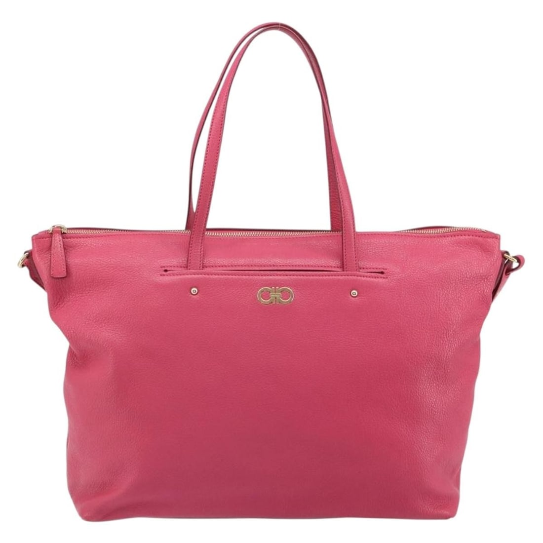 Gancini Tote Bag in Pink Leather by Salvatore Ferragamo: Gancini Tote Bag in Pink Leather by Salvatore Ferragamo This Salvatore Ferragamo Gancini Tote is crafted from pink leather and designed for women. The tote features a spacious silhouette with slight r