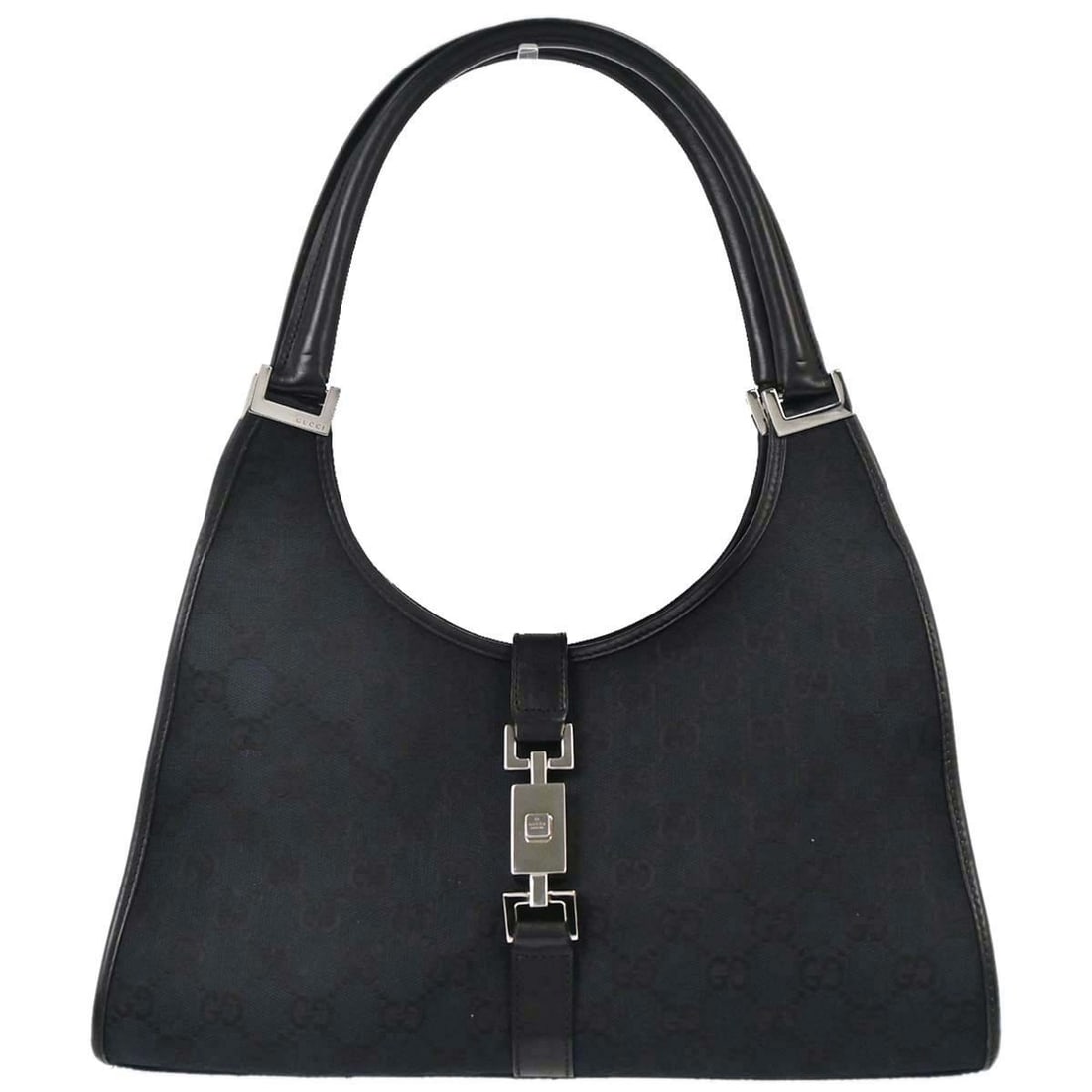 Gucci Jackie black GG canvas top handle handbag: Gucci Jackie black GG canvas top handle handbag This Gucci Jackie handbag features a classic top handle design crafted from black GG canvas with leather accents. Sized as a medium bag, it offers doubl