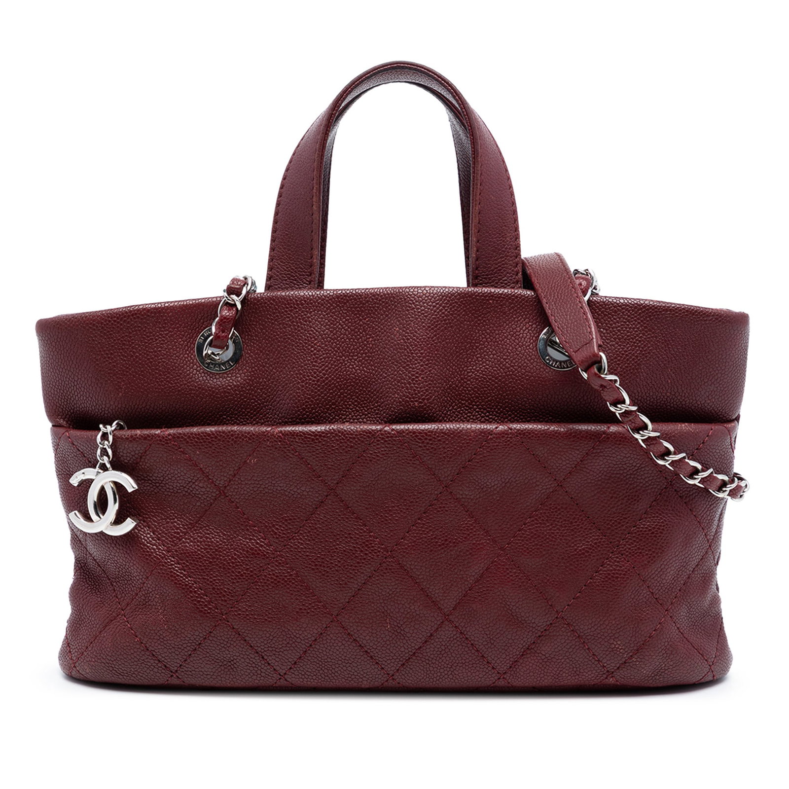 Chanel red quilted caviar leather tote bag: Chanel red quilted caviar leather tote bag This Chanel Quilted Caviar Shopping Tote is crafted from red quilted caviar leather and features flat leather handles and silver-tone chain link straps with 