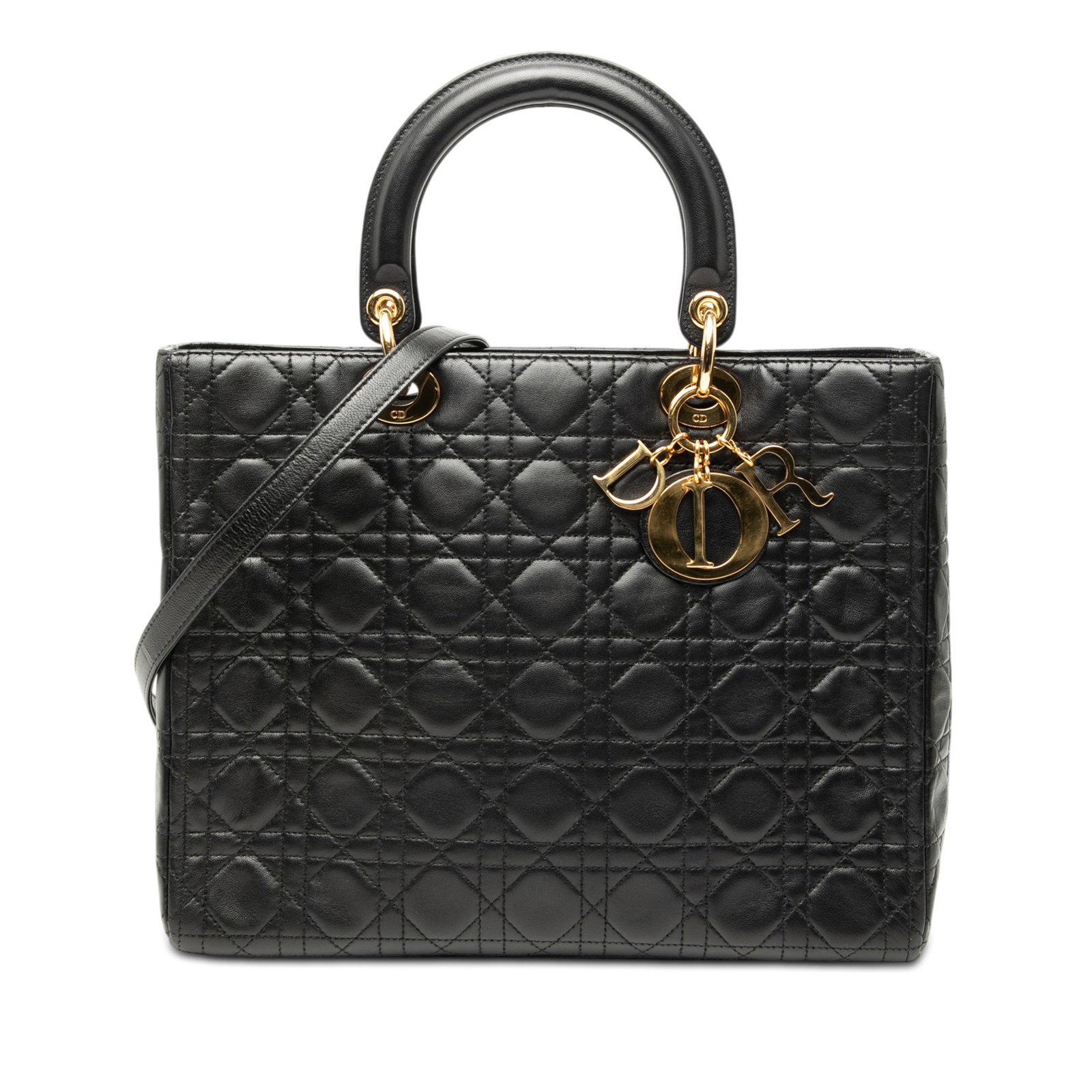 Dior Lady Dior Large Black Quilted Lambskin Shoulder Bag: Dior Lady Dior Large Black Quilted Lambskin Shoulder Bag This Lady Dior bag features a quilted lambskin leather exterior in black, flat leather top handles, and a detachable flat leather shoulder stra