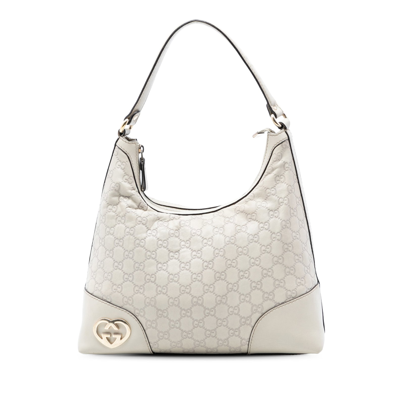 Gucci White Embossed Leather Shoulder Bag: Gucci White Embossed Leather Shoulder Bag This Guccissima Lovely Shoulder Bag features an embossed leather exterior in white, complemented by a flat leather strap and a top zip closure. The bag includ