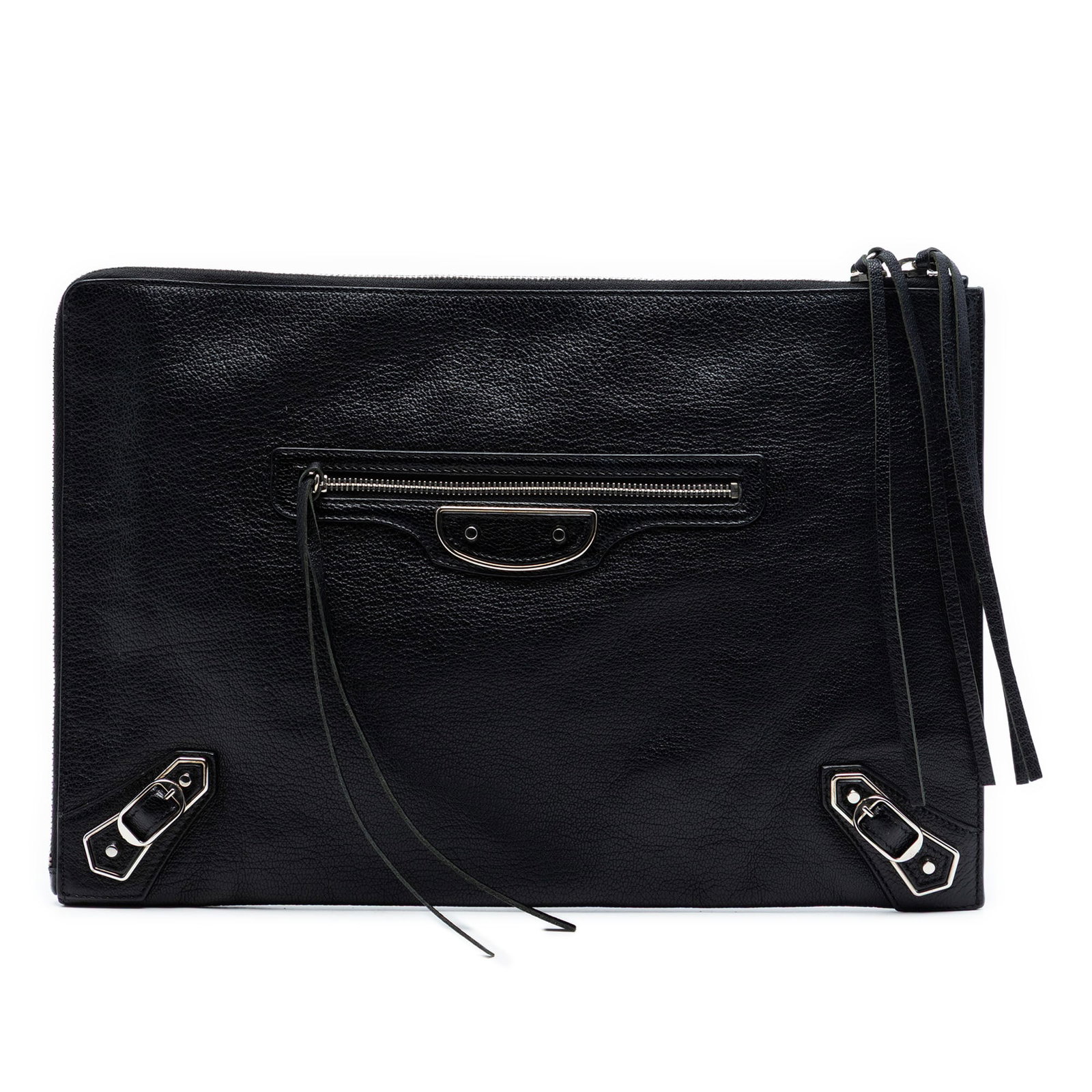 Balenciaga metallic edge goatskin clutch bag: Balenciaga metallic edge goatskin clutch bag This Balenciaga Medium Goatskin Motocross Classic Metallic Edge Clutch is crafted from black goatskin leather and features a top zip closure, an exterior f