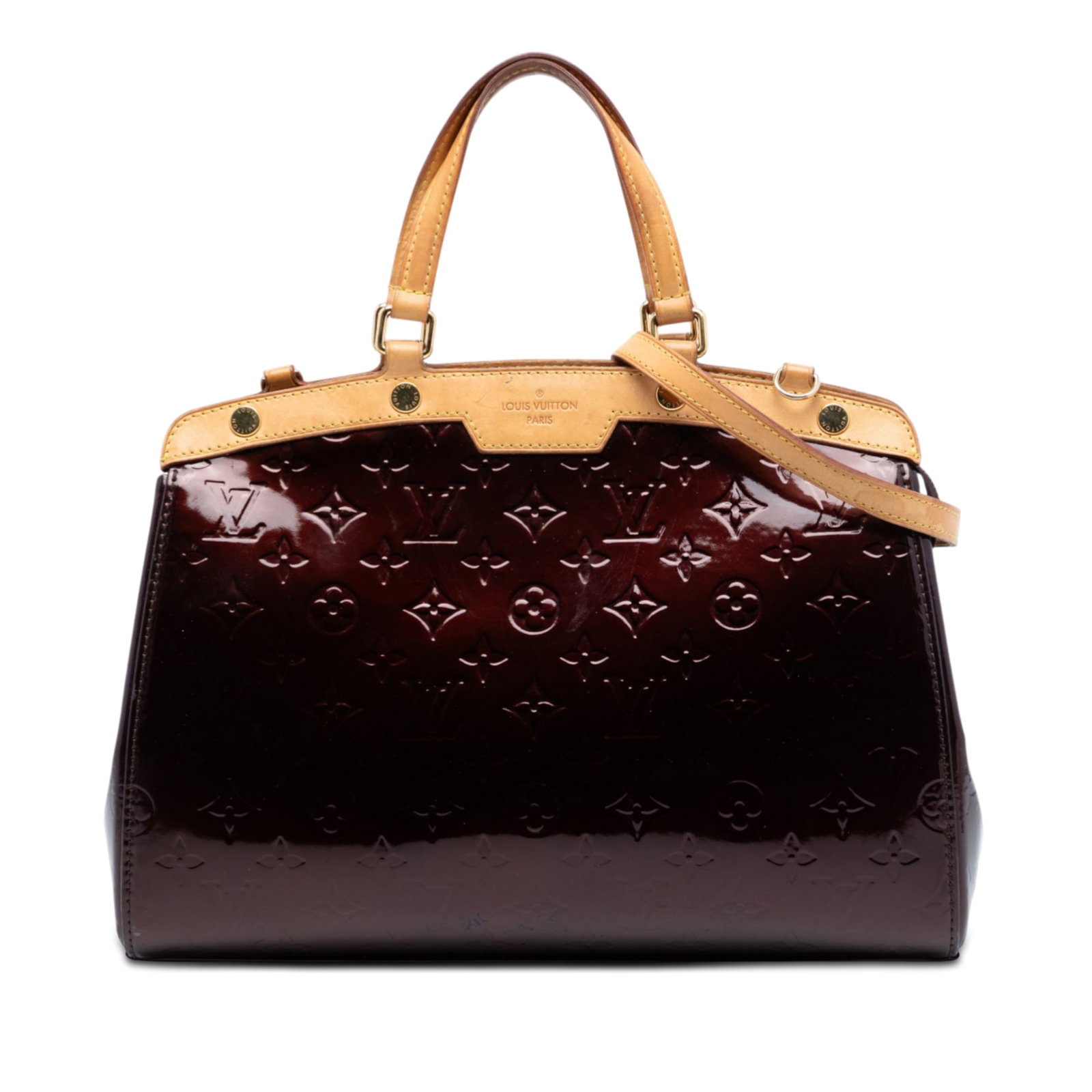 Louis Vuitton Brea MM Monogram Vernis Purple Leather Handbag with Vachetta Trim: Louis Vuitton Brea MM Monogram Vernis Purple Leather Handbag with Vachetta Trim This Louis Vuitton Monogram Vernis Brea MM features a vernis leather body with vachetta leather trim, flat vachetta leat