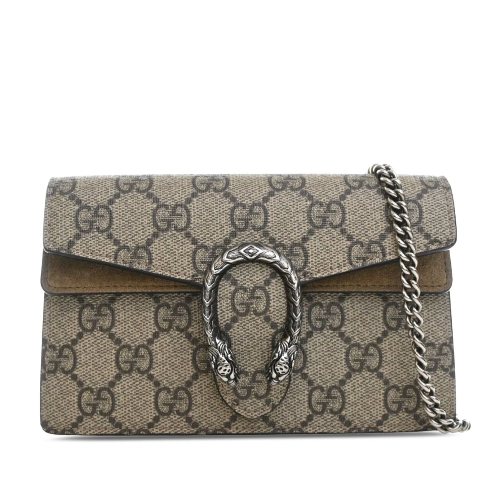 Gucci Dionysus Mini GG Supreme Beige Crossbody Bag: Gucci Dionysus Mini GG Supreme Beige Crossbody Bag This Gucci Mini GG Supreme Dionysus Crossbody bag features a coated canvas body with suede leather trim, a chain link shoulder strap, and a top flap 