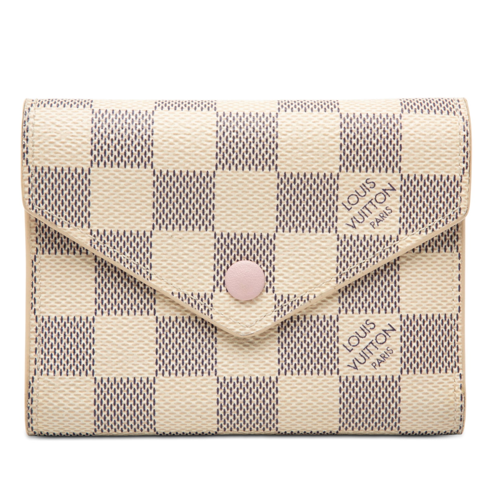 Damier Azur Victorine Wallet in Canvas with Snap Closure: Damier Azur Victorine Wallet in Canvas with Snap Closure The Louis Vuitton Damier Azur Victorine wallet features a Damier Azur canvas exterior, a top flap with a snap button closure, and interior zip 