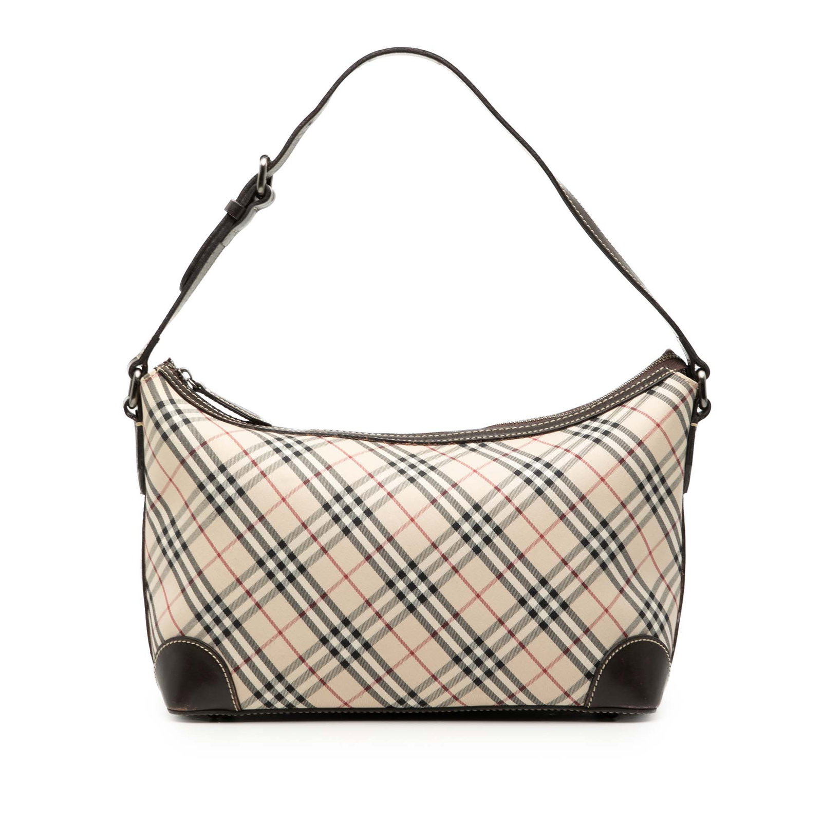 Beige Nova Check Canvas Shoulder Bag with Leather Trim by Burberry: Beige Nova Check Canvas Shoulder Bag with Leather Trim by Burberry This Burberry shoulder bag features the signature Nova Check canvas with leather trim. It includes an adjustable flat leather strap, 