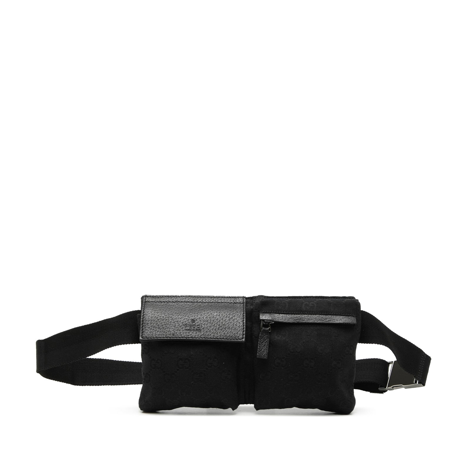 Gucci GG Canvas waist bag with double pockets: Gucci GG Canvas waist bag with double pockets This Gucci GG Canvas Double Pocket Belt Bag is crafted from durable canvas with leather trim and features an adjustable waist strap for a comfortable fit.