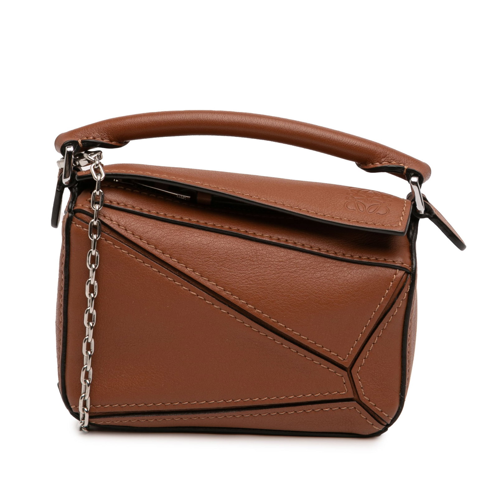 LOEWE Nano Puzzle Leather Satchel with Chain Strap: LOEWE Nano Puzzle Leather Satchel with Chain Strap This LOEWE Nano Calfskin Puzzle Satchel features a brown leather body with a rolled leather top handle, a detachable chain link strap, and a top zip 