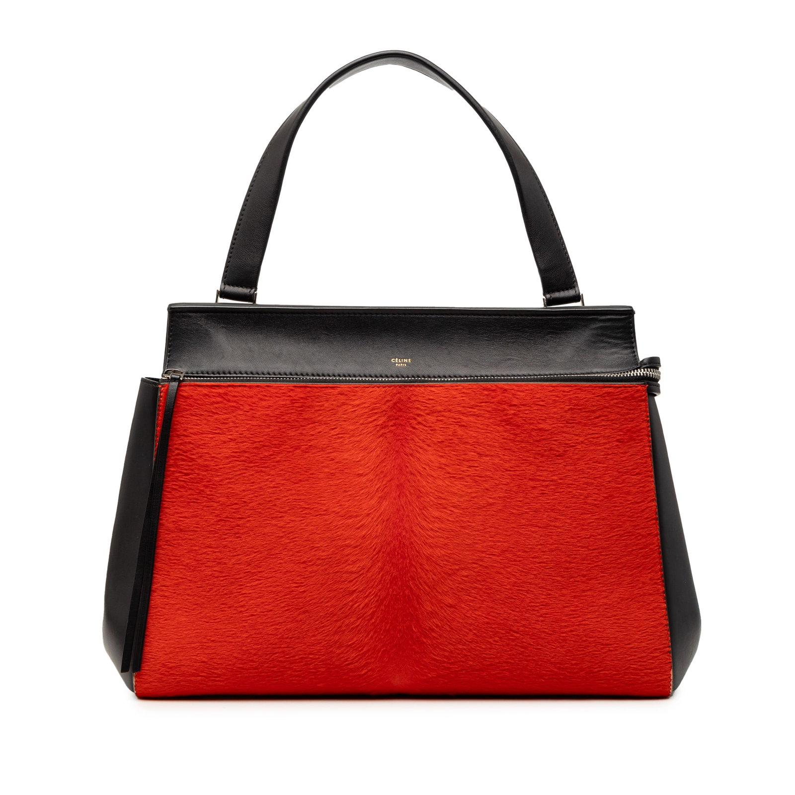 Celine Edge Medium Handbag in Bicolor Leather and Pony Hair: Celine Edge Medium Handbag in Bicolor Leather and Pony Hair This Celine Medium Bicolor Edge handbag features a sophisticated combination of leather and pony hair on the exterior, complemented by a fla