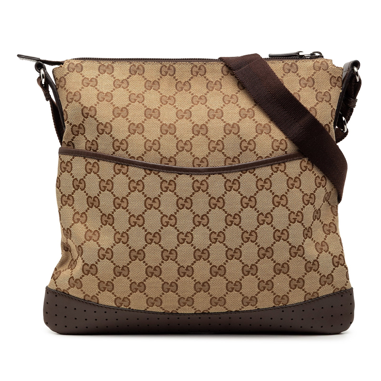 Gucci GG Canvas Beige Crossbody Bag with Leather Trim: Gucci GG Canvas Beige Crossbody Bag with Leather Trim This Gucci GG Canvas Crossbody bag features a beige canvas body with leather trim. It is designed with an adjustable flat strap for comfortable we