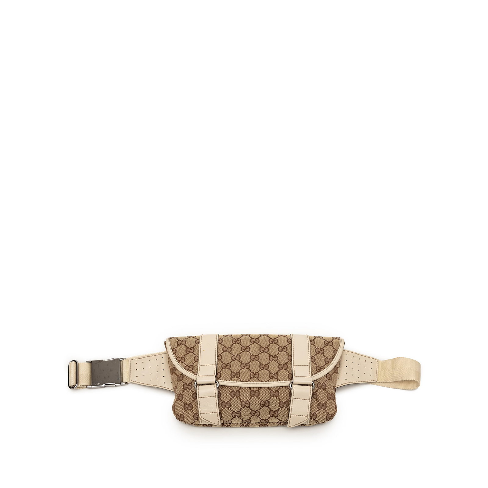 Gucci GG Canvas Waist Bag with Leather Trim: Gucci GG Canvas Waist Bag with Leather Trim This Gucci GG Canvas Belt Bag is crafted from durable canvas with leather trim, featuring a flat waist strap with buckle closure for secure wear. The bag in