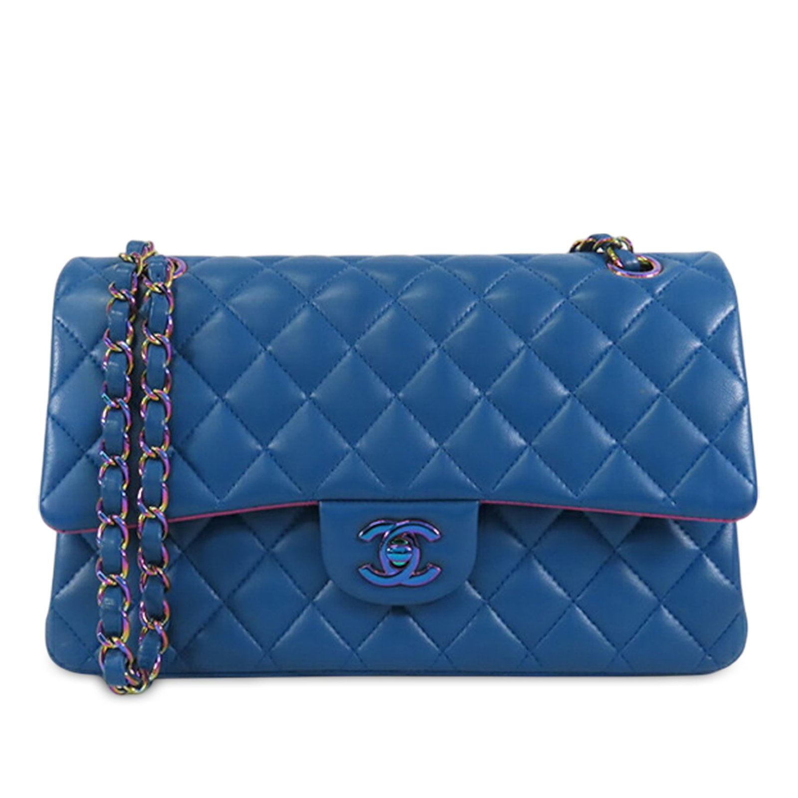 Blue Chanel Medium Double Flap Bag with Rainbow Hardware Quilted Leather: Blue Chanel Medium Double Flap Bag with Rainbow Hardware Quilted Leather This Chanel Medium Classic Double Flap shoulder bag is crafted from quilted lambskin leather and features rainbow hardware. It 