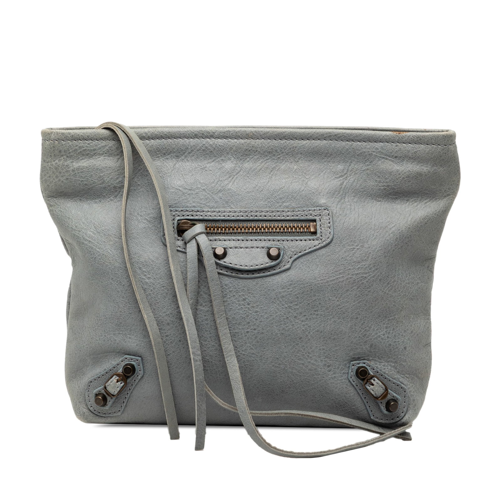 Balenciaga Gray Lambskin Leather Motocross Clutch Bag with Front Zip Pocket: Balenciaga Gray Lambskin Leather Motocross Clutch Bag with Front Zip Pocket This Balenciaga Motocross Classic Clutch features a lambskin leather body in gray with an exterior front zip pocket and a to