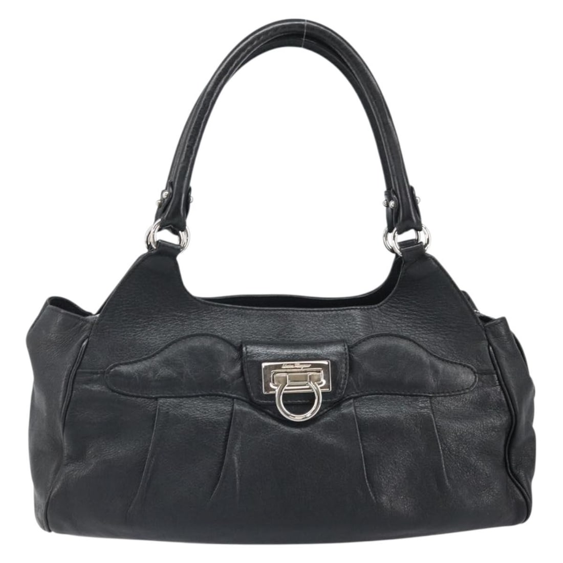 Gancini black leather handbag by Salvatore Ferragamo: Gancini black leather handbag by Salvatore Ferragamo This Salvatore Ferragamo Gancini handbag features a classic black leather exterior and is designed for women. The bag offers a spacious interior an