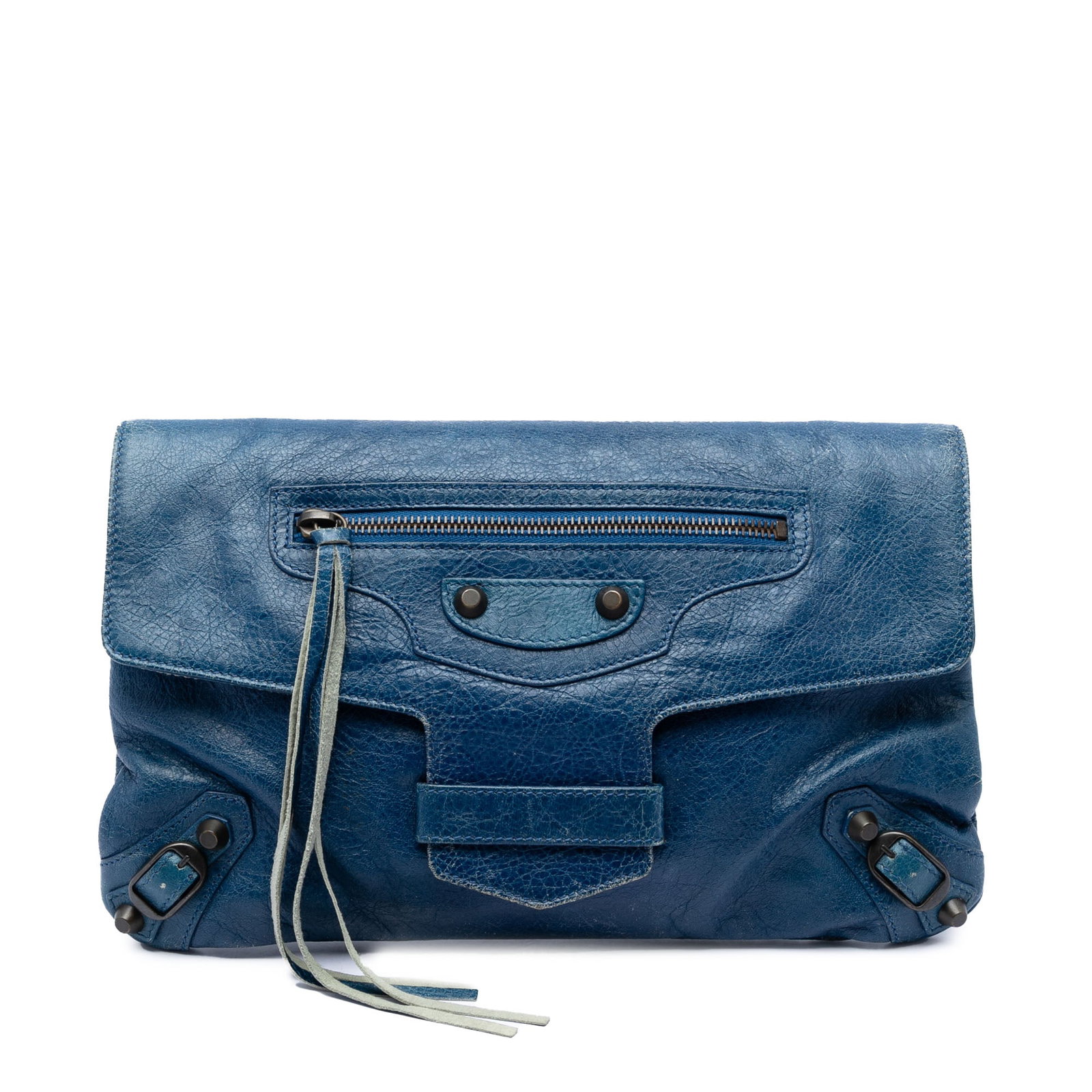 Balenciaga blue lambskin envelope clutch with zip pocket: Balenciaga blue lambskin envelope clutch with zip pocket This Balenciaga Motocross Classic Envelope Clutch is crafted from blue lambskin leather and features a flap with a leather pull-through closure