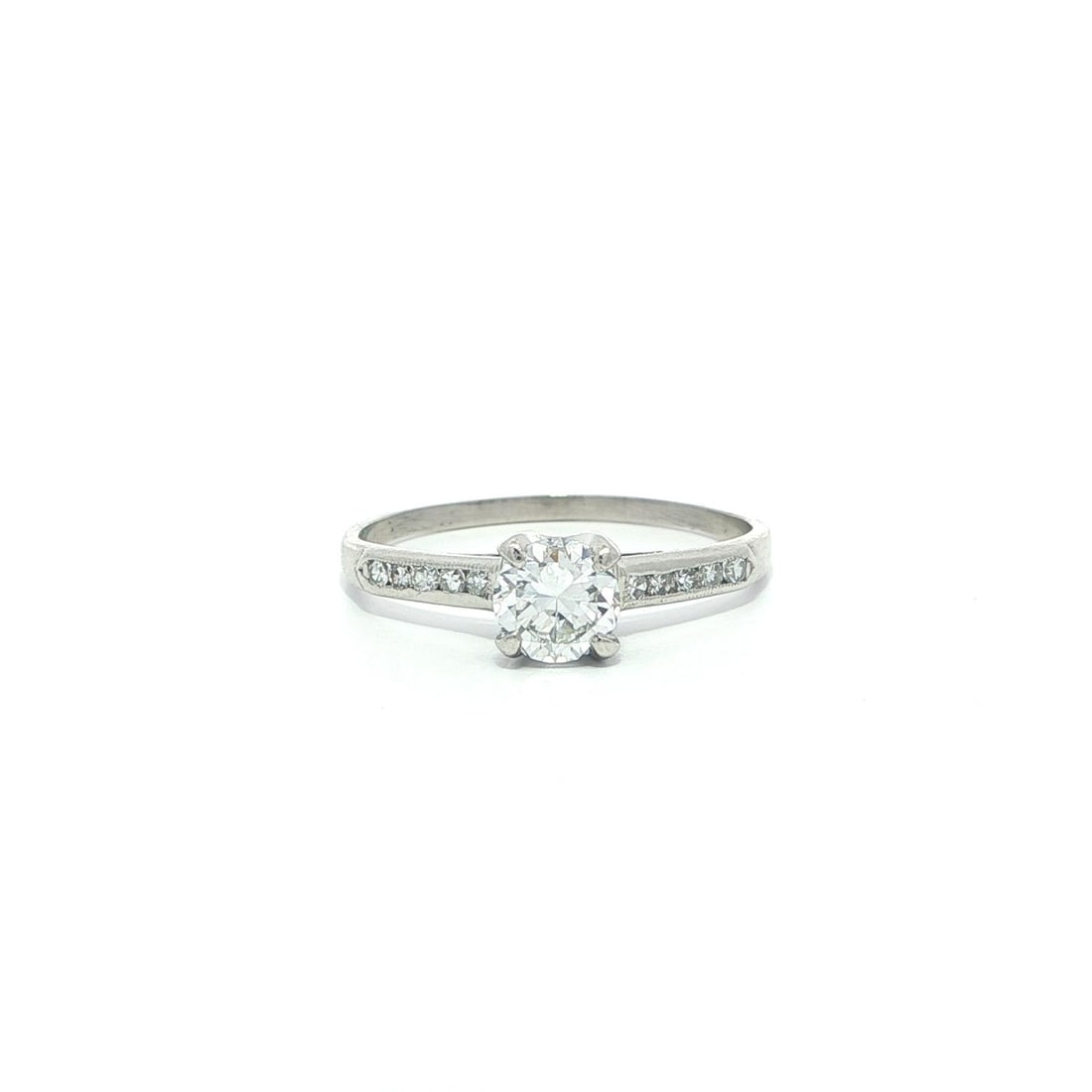 Platinum Old European Cut Diamond Solitaire Antique Engagement Ring 0.62ctw: Platinum Old European Cut Diamond Solitaire Antique Engagement Ring 0.62ctw This antique engagement or promise ring features a 0.52 carat old European cut natural diamond as the center stone, prong se