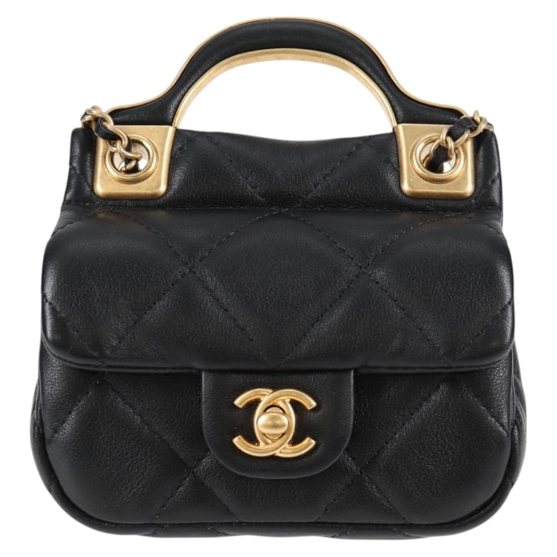 Chanel Lady Handle Quilted Calfskin Leather Card Holder with Chain: Chanel Lady Handle Quilted Calfskin Leather Card Holder with Chain This Chanel Lady Handle Flap Card Holder on Chain is crafted from black quilted calfskin leather. It features a compact design suitab