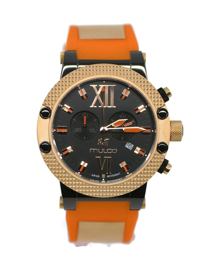 Mulco Nuit Quartz Wristwatch Two Tone Stainless Steel and Pink Silicone Band: Mulco Nuit Quartz Wristwatch Two Tone Stainless Steel and Pink Silicone Band This Mulco Nuit wristwatch features a two-tone stainless steel case and a durable silicone band. It is powered by a quartz 
