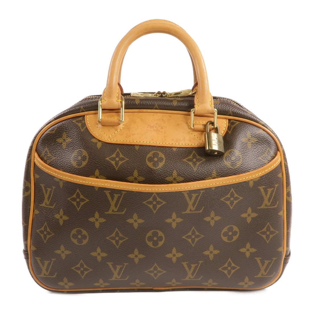 Louis Vuitton Trouville Monogram Canvas Handbag with Gold Hardware M42228: Louis Vuitton Trouville Monogram Canvas Handbag with Gold Hardware M42228 This is a Louis Vuitton Trouville handbag crafted from brown PVC coated canvas with the brand's iconic monogram pattern. The b