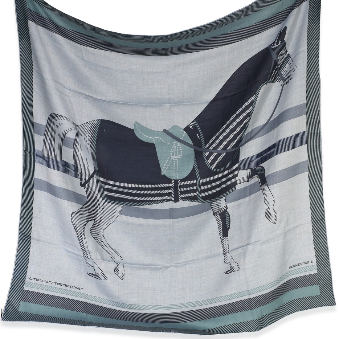 Hermes Ciel Chine Silk Men's Scarf 100 with Box: Hermes Ciel Chine Silk Men's Scarf 100 with Box This Hermes men's Ciel Chine Cheval a la Couverture scarf is crafted from a luxurious blend of cashmere and silk. Featuring a blue colorway, this versat