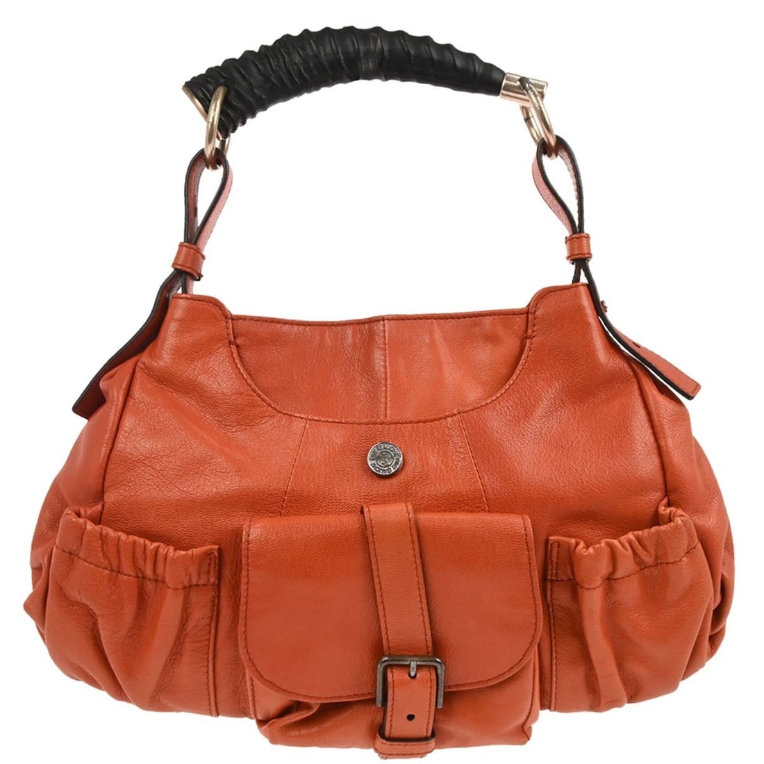 Saint Laurent Mombasa vermilion red leather top handle handbag: Saint Laurent Mombasa vermilion red leather top handle handbag This Yves Saint Laurent Mombasa handbag is crafted from vermilion red leather and features a top handle design. It is accented with a log
