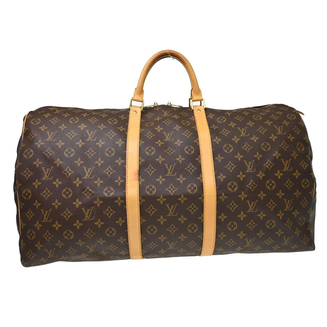 Louis Vuitton Keepall 60 Monogram Canvas Duffle Bag: Louis Vuitton Keepall 60 Monogram Canvas Duffle Bag This Louis Vuitton Keepall 60 travel handbag features the iconic monogram canvas leather exterior with beige leather double handles. Designed in an 