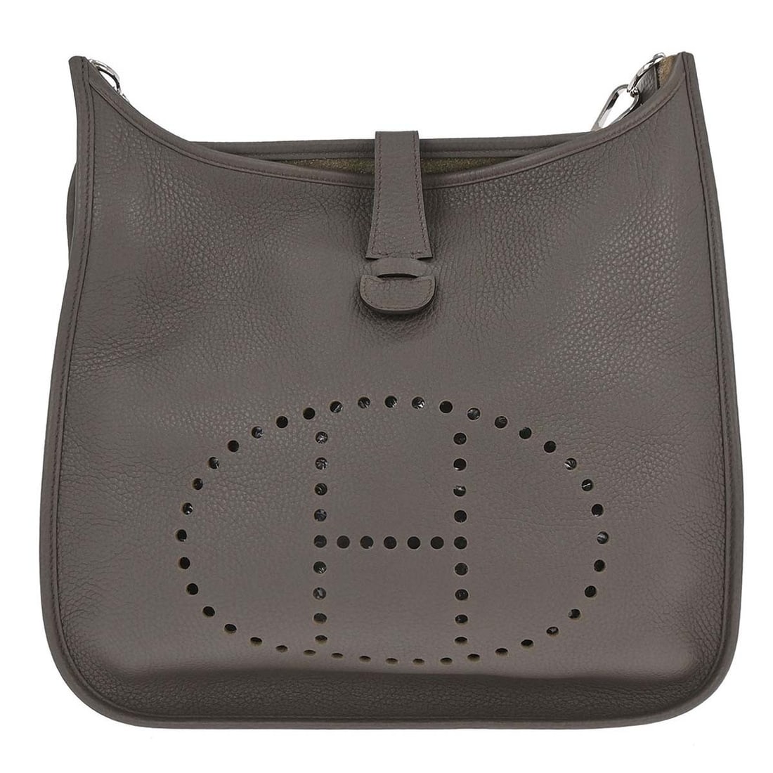 Hermes Evelyne Gen III Taupe Clemence Shoulder Bag: Hermes Evelyne Gen III Taupe Clemence Shoulder Bag This Hermes Evelyne Gen III shoulder bag is crafted from taupe Taurillon Clemence leather, featuring a snap closure and a detachable strap for versat