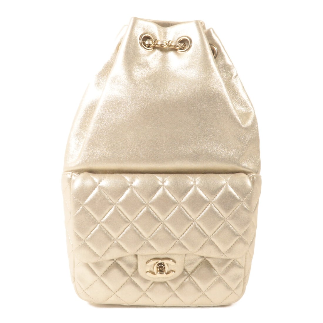 CHANEL Lambskin Gold Rucksack Backpack GHW: CHANEL Lambskin Gold Rucksack Backpack GHW This CHANEL rucksack backpack is crafted from luxurious lambskin leather in a striking gold color. Designed for women, it features a classic rucksack silhoue