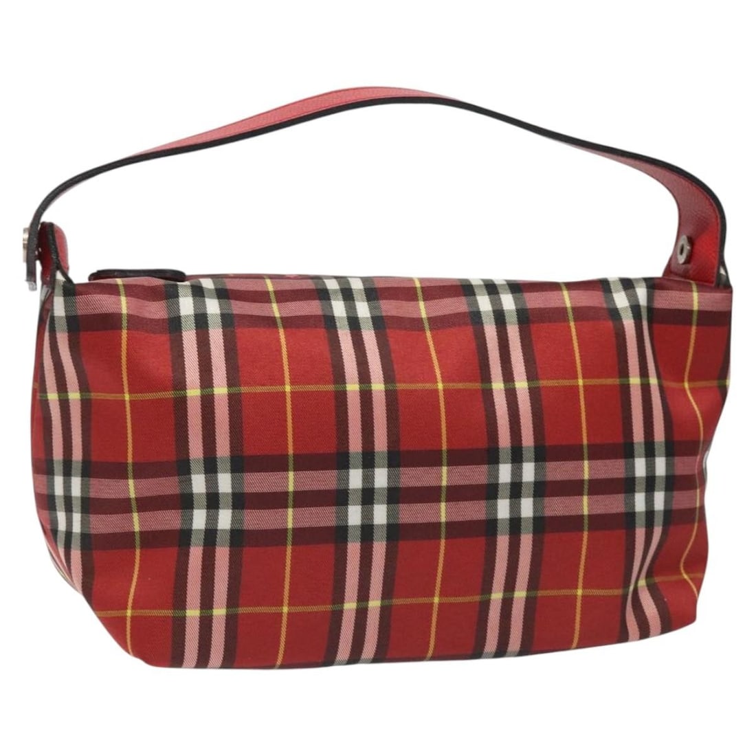 Red Nylon Nova Check Handbag by Burberry Italy: Red Nylon Nova Check Handbag by Burberry Italy This Burberry Nova Check handbag is crafted from red nylon and designed for women. The bag features a classic hand-held style with a handle drop of appro