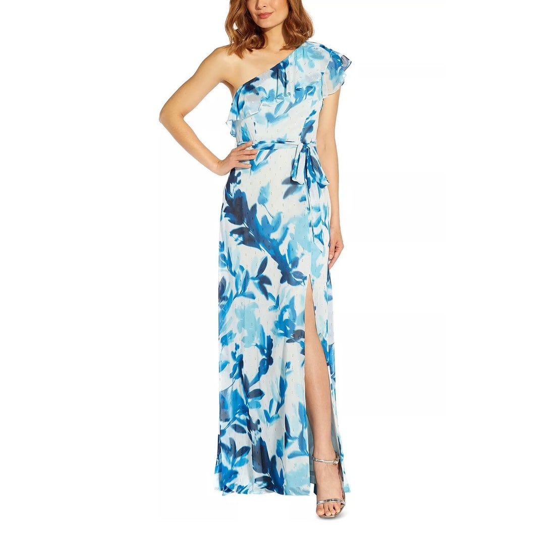 Adrianna Papell One Shoulder Blue Multi Polka Dot Gown Size 12: Adrianna Papell One Shoulder Blue Multi Polka Dot Gown Size 12 Elevate your evening look with this stunning Adrianna Papell One Shoulder Clip Dot Gown in a captivating blue multi pattern. Designed for