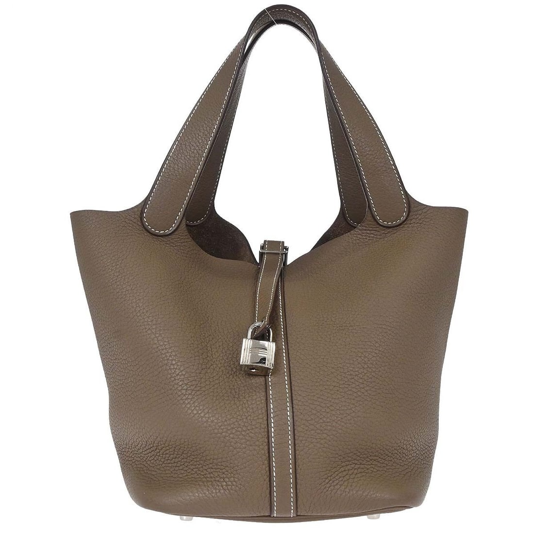 Hermes Picotin MM Etoupe Taurillon Clemence Buckle Handbag: Hermes Picotin MM Etoupe Taurillon Clemence Buckle Handbag This Hermes Picotin Lock 22 MM handbag features the luxurious Taurillon Clemence leather in the classic Etoupe color. Designed with double ha